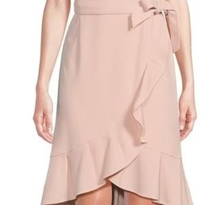 CALVIN KLEIN Boat Neck Short Sleeve Belted Ruffle  Dress